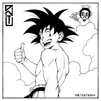 2boys cloud commentary dated dnt_agun dragon_ball dragonball_z english_commentary from_side halo looking_to_the_side male_focus monochrome multiple_boys signature son_goku thumbs_up topless_male toriyama_akira_(character) waving