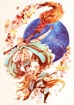 Rule 34 | 1girl, apron, black hat, black shoes, black skirt, black vest, blonde hair, bloomers, bow, braid, broom, broom riding, brown eyes, buttons, commentary request, double-breasted, hair bow, hand on headwear, hat, hat ribbon, holding down headwear, kirisame marisa, long hair, looking at viewer, open mouth, outstretched leg, painting (medium), puffy short sleeves, puffy sleeves, ribbon, shirt, shoes, short sleeves, side braid, simple background, skirt, skirt tug, socks, solo, star (symbol), tamachi kuwa, touhou, traditional media, turtleneck, turtleneck shirt, underwear, upside-down, vest, waist apron, watercolor (medium), white apron, white bow, white ribbon, white shirt, white socks, witch hat