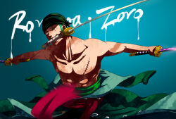 Rule 34 | 1boy, abs, bandana, character name, chinese commentary, collarbone, commentary, commentary request, earrings, eilinna, english commentary, facial scar, green bandana, green hair, holding, holding sword, holding weapon, jewelry, katana, male focus, mixed-language commentary, mouth hold, multiple swords, one piece, roronoa zoro, scar, scar across eye, scar on cheek, scar on face, short hair, single earring, solo, sword, topless male, triple wielding, weapon