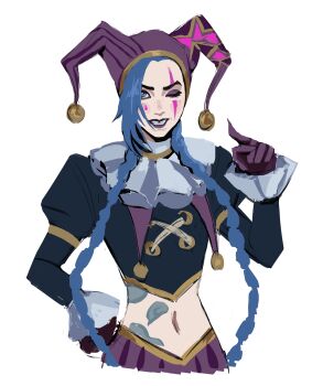 1girl absurdres arcane:_league_of_legends arcane_jinx black_shirt blue_eyes blue_hair braid crop_top eyeshadow facepaint gloves gold_trim hand_on_own_hip hat hat_bell highres jester jester_cap jinx_(league_of_legends) juliet_sleeves league_of_legends long_hair long_sleeves makeup midriff navel neck_ruff one_eye_closed parted_lips puffy_sleeves purple_gloves rimari_(rimri4mm) shirt smile solo teardrop_facial_mark teeth twin_braids upper_body white_background