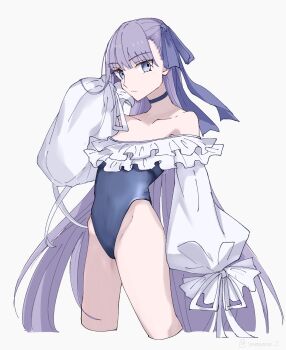 Rule 34 | 1girl, bare shoulders, blue eyes, blue ribbon, breasts, choker, collarbone, fate/grand order, fate (series), frills, hair ribbon, highleg, highleg one-piece swimsuit, highres, long hair, long sleeves, looking at viewer, meltryllis, meltryllis (fate), meltryllis (swimsuit lancer) (fate), meltryllis (swimsuit lancer) (second ascension) (fate), off-shoulder one-piece swimsuit, off shoulder, one-piece swimsuit, puffy sleeves, purple hair, ribbon, sleeves past fingers, sleeves past wrists, small breasts, solo, swimsuit, thighs, very long hair, white ribbon, yamamon 0