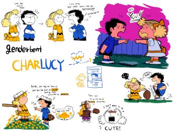 1boy 2girls american_football_(object) ball baseball_bat baseball_cap baseball_glove black_hair blonde_hair blue_shirt catcher's_mask catcher_(baseball) charles_schulz_(style) charlie_brown chest_protector dandelion dress dubu274611 flower genderswap genderswap_(ftm) genderswap_(mtf) hat highres lucy_van_pelt multiple_girls peanuts_(comic) pointing pointing_at_another ponytail schroeder_(peanuts) shirt short_hair shorts twintails yellow_dress