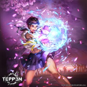 Rule 34 | 1girl, abs, asian, bandana, breasts, brown hair, capcom, cherry blossoms, energy, energy ball, fingerless gloves, forest, gloves, hadouken, kasugano sakura, medium breasts, midriff, muscular, muscular arms, muscular female, muscular legs, nature, official art, open mouth, school uniform, short hair, skirt, street fighter, street fighter alpha, teeth, temoshi, teppen, thick thighs, thighs, tongue, tree