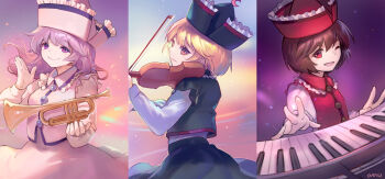 3girls ainy bad_id bad_pixiv_id blonde_hair bow_(music) brown_hair hat instrument keyboard_(instrument) light_purple_hair light_smile long_hair long_sleeves lunasa_prismriver lyrica_prismriver merlin_prismriver multiple_girls one_eye_closed open_mouth purple_eyes red_eyes short_hair siblings sisters skirt skirt_set smile split_screen touhou trumpet twilight violin