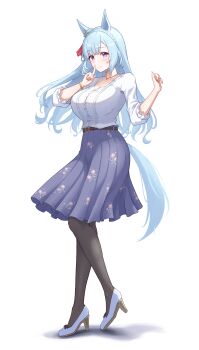 1girl absurdres animal_ears belt black_pantyhose blue_hair bracelet braid breasts brown_belt button_gap closed_mouth commentary_request floral_print full_body high_heels highres horse_ears horse_girl horse_tail index_finger_raised jewelry large_breasts long_hair long_sleeves looking_at_viewer mejiro_ardan_(casual)_(umamusume) mejiro_ardan_(umamusume) official_alternate_costume pantyhose purple_skirt shadow shirt shirt_tucked_in shoes simple_background skirt smile solo standing tail taro_(peach_taro51) umamusume white_background white_shirt white_shoes