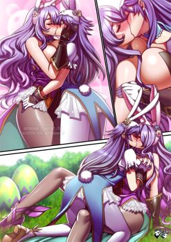 2girls alternate_costume animal_ears blue_hair blush breasts camilla_(fire_emblem) camilla_(spring_princess)_(fire_emblem) cleavage comic_strip couple easter easter_egg egg fake_animal_ears fire_emblem fire_emblem_awakening fire_emblem_fates fire_emblem_heroes gloves grabbing_another&#039;s_breast groping hair_over_one_eye jadenkaiba kiss large_breasts long_hair lucina_(fire_emblem) lucina_(spring_exalt)_(fire_emblem) multiple_girls nintendo pantyhose playboy_bunny purple_hair rabbit_ears rabbit_tail tail yuri