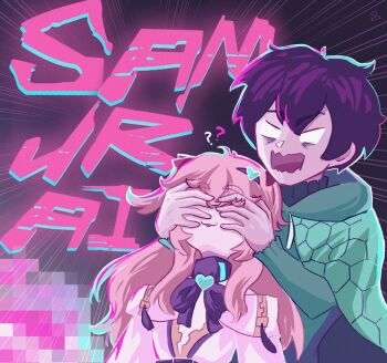 1boy 1girl 8yanira8 :3 ? ?? absurdres bags_under_eyes belt black_background black_belt black_bow black_bowtie black_hair blank_eyes blonde_hair bow bowtie cape censored clueless covering_another's_eyes cyberpunk_(series) cyberpunk_2077 drawstring dress emphasis_lines green_cape green_hoodie hair_between_eyes hair_ornament hair_ribbon heart heart_hair_ornament hexagon_print highres hood hoodie long_hair long_sleeves messy_hair mosaic_censoring neuro-sama off-shoulder_dress off_shoulder official_alternate_costume open_mouth red_ribbon ribbon scared short_hair shouting two_side_up vedal987 vedal_ai wavy_mouth white_dress zipper_dress