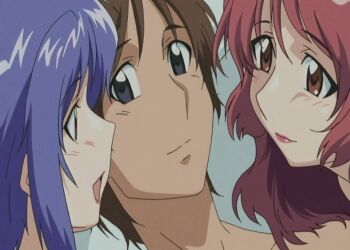 animated animated_gif aniyome_wa_ijippari blue_hair group_sex handjob katsuragi_mai penis penis_grab red_hair takama_kozue threesome