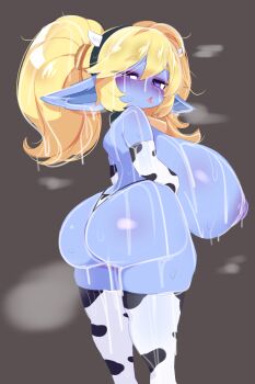 1girl :< animal_print ass bikini blonde_hair blue_skin blush closed_mouth colored_skin commentary cow_print cow_print_bikini cow_print_gloves cow_print_thighhighs cum cum_on_body curvy dated_commentary elbow_gloves fake_horns gloves grey_background half-closed_eyes highres horns huge_ass kukuchi581 league_of_legends long_hair looking_at_viewer nipples nude pointy_ears poppy_(league_of_legends) print_bikini print_gloves print_thighhighs purple_eyes shortstack simple_background solo swimsuit thighhighs tongue tongue_out twintails variant_set yordle