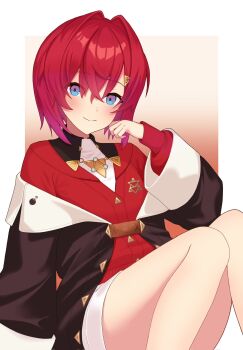 Rule 34 | 1girl, ange katrina, ange katrina (1st costume), arm support, bare legs, black coat, blue eyes, blush, cardigan, closed mouth, coat, commentary request, crossed bangs, dress, feet out of frame, gradient background, gradient eyes, hair between eyes, hair intakes, hair ornament, hand up, highres, kibo bora, knees up, long bangs, long sleeves, looking at viewer, medium hair, multicolored eyes, nijisanji, off shoulder, orange background, purple eyes, red cardigan, red hair, short dress, sitting, smile, solo, split mouth, triangle hair ornament, virtual youtuber, white background, white dress