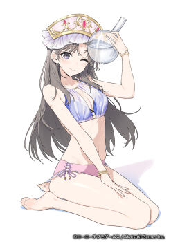 1girl ;) arm_up atelier_(series) atelier_resleriana atelier_totori barefoot bikini bracelet breasts brown_eyes brown_hair cleavage closed_mouth commentary_request copyright_notice flask full_body hand_on_own_leg hat hayashi_kewi holding holding_flask jewelry liquid long_hair looking_at_viewer navel official_alternate_costume official_art one_eye_closed second-party_source side-tie_bikini_bottom simple_background sitting small_breasts smile solo swimsuit totooria_helmold white_background