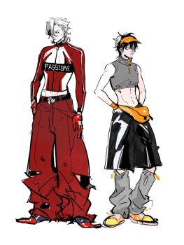 2boys bare_shoulders black_hair highres jiuzhu jojo_no_kimyou_na_bouken multiple_boys narancia_ghirga pannacotta_fugo short_hair standing vento_aureo white_background