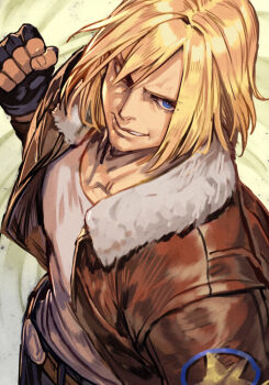 Rule 34 | 1boy, belt, black gloves, blonde hair, blue eyes, brown belt, brown jacket, clenched hand, collarbone, fatal fury, fatal fury: city of the wolves, fingerless gloves, fur-trimmed jacket, fur trim, gloves, hair over one eye, hungry clicker, jacket, looking at viewer, open clothes, open jacket, pants, smile, solo, terry bogard
