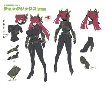 1girl absurdres black_bodysuit bodysuit breasts check_six_(natsukaze_shigure) commentary_request covered_erect_nipples covered_navel genderswap genderswap_(mtf) headgear highres impossible_bodysuit impossible_clothes impossible_leotard large_breasts leotard long_hair looking_at_viewer magical_girl natsukaze_shigure original red_eyes red_hair reference_sheet skin_tight translation_request twintails