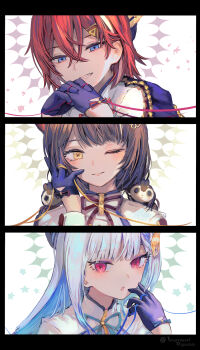 3girls :o ange_katrina animal_hair_ornament black_border blue_eyes blue_gloves blue_hair blue_ribbon blush border braid brown_hair closed_mouth colored_inner_hair column_lineup crossed_bangs eyelashes glove_ribbon gloves hair_between_eyes hair_ornament half-closed_eyes half_gloves halo halo_behind_head hand_on_own_cheek hand_on_own_face hand_up hands_up hashtag-only_commentary hat highres inaeda_kei interlocked_fingers inui_toko lips lize_helesta long_bangs long_hair long_sidelocks looking_at_viewer low_twin_braids medium_hair multicolored_hair multiple_girls neck_ribbon nijisanji one_eye_closed open_mouth own_hands_together pink_eyes portrait purple_ribbon red_hair red_ribbon ribbon sanbaka_(nijisanji) sanbaka_anniversary_outfit sidelocks smile streaked_hair string_around_finger teeth twin_braids twitter_username two-tone_hair virtual_youtuber white_background white_hair white_wrist_cuffs wrist_cuffs yellow_eyes