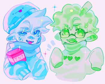 Rule 34 | 2boys, asvinbobobo, block (minecraft), blue skin, chinese commentary, colored skin, commentary request, dream smp, explosive, fangs, gem, glasses, green skin, highres, long sleeves, looking at viewer, male focus, minecraft, minecraft youtube, monster boy, multiple boys, pointy ears, short hair, skeppy, skin fangs, sleeves past fingers, sleeves past wrists, slime boy, slimecicle, sparkle, tnt, tnt block (minecraft), tongue, tongue out