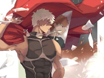 2boys abs archer_(fate) armor broken_glass coat covered_abs dark-skinned_male dark_skin different_reflection emiya_shirou fate/stay_night fate_(series) glass highres holding holding_coat holding_unworn_clothes kamigokuin long_coat male_focus messy_hair mirror multiple_boys muscular muscular_male orange_eyes orange_hair raglan_sleeves red_coat reflection sleeveless unworn_coat white_hair