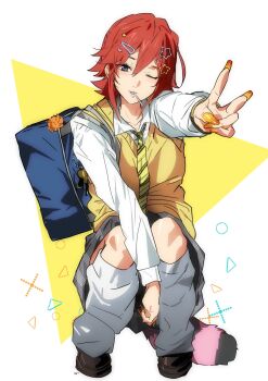 1girl absurdres bag blue_eyes breasts highres kaname_buccaneer long_sleeves looking_at_viewer macross macross_delta necktie official_alternate_costume one_eye_closed open_mouth red_hair school_bag school_uniform shirt short_hair skirt smile socks solo sweater wangyou_ro white_socks