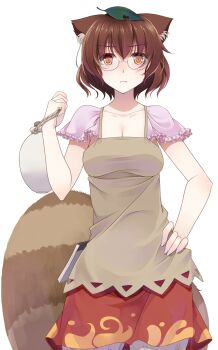 Rule 34 | 1girl, animal ears, bag, breasts, brown hair, brown shirt, cleavage, closed mouth, collarbone, commentary request, cowboy shot, crote, fingernails, futatsuiwa mamizou, glasses, hair between eyes, hand on own hip, hand up, highres, holding, holding bag, large variant set, leaf, leaf on head, looking at viewer, orange eyes, pince-nez, raccoon ears, raccoon girl, raccoon tail, red skirt, shirt, short hair, simple background, skirt, solo, tachi-e, tail, touhou, transparent background, v-shaped eyebrows, variant set