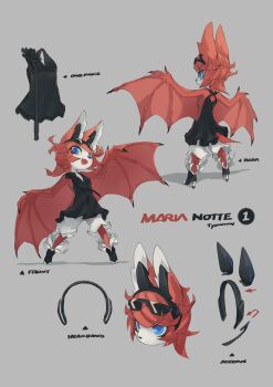 1girl 2018 absurdres animal_ears bat_(animal) bat_ears bat_girl bat_tail bat_wings black_dress black_nails blue_eyes breasts chinese_commentary cleavage closed_mouth commentary dress english_commentary eyewear_on_head freedom_planet freedom_planet_2 from_behind furry furry_female high_heels highres krita_(medium) light_smile looking_at_viewer maria_notte medium_breasts medium_hair multiple_views open_mouth puffy_shorts red_fur red_hair reference_sheet shorts signature simple_background smile sunglasses tsurime tyson_tan white_shorts wings