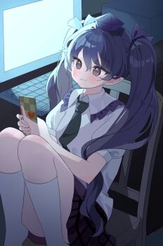 1girl black_necktie bow cellphone chimi_(s2yuyukos2) closed_mouth collared_shirt commentary computer feet_out_of_frame flip_phone frilled_shirt_collar frills hair_bow hat heart highres himekaidou_hatate holding holding_phone long_hair necktie phone purple_bow purple_eyes purple_hair purple_hat purple_skirt screen_light shirt short_sleeves skirt smile solo tokin_hat touhou twintails white_shirt white_skirt