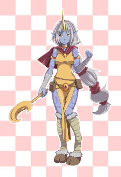Rule 34 | 1girl, absurdres, armlet, bandages, blue skin, breasts, capelet, checkered background, choker, colored skin, crescent, female focus, highres, hooves, horns, jewelry, league of legends, long hair, pale skin, pointy ears, pouch, qknight, single horn, smile, solo, soraka (league of legends), staff, very long hair, yellow eyes