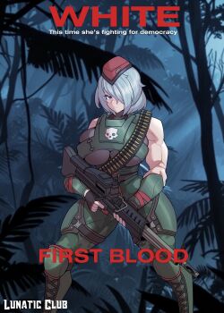 Rule 34 | 1girl, artist name, beret, boots, breasts, bulletproof vest, camouflage, camouflage pants, fingerless gloves, gloves, gun, hair over one eye, hat, helldiver (helldivers), helldivers (series), highres, jungle, large breasts, looking at viewer, lunatic club, m60 (machine gun), machine gun, muscular, muscular female, nature, pants, poster (medium), short hair, skull, solo, vambraces, weapon, white hair