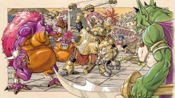 1girl 6+boys absurdres apple ayla_(chrono_trigger) blonde_hair boots chrono_trigger colored_skin crono_(chrono_trigger) food fruit fur_boots green_skin grey_boots highres holding holding_sword holding_weapon long_hair multiple_boys non-web_source official_art open_mouth pointy_ears red_hair robo_(chrono_trigger) robot spiked_hair sword teeth toriyama_akira weapon