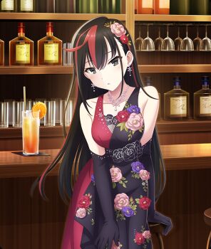 1girl bar_(place) bar_stool bare_shoulders black_dress black_gloves black_hair blush bottle breasts champagne_flute collarbone counter cowboy_shot cup dot_nose dress drinking_glass drinking_straw earrings elbow_gloves flower food formal_clothes fruit game_cg gloves hair_flower hair_ornament inago_akira jewelry juice long_hair looking_at_viewer medium_breasts multicolored_hair necklace official_art on_stool orange_(fruit) orange_juice orange_slice parted_lips pink_flower purple_flower red_dress red_flower red_streaks see-through_cleavage see-through_clothes sitting sleeveless sleeveless_dress snowflake_earrings snowflake_necklace solo stool streaked_hair teeth third-party_source toji_no_miko toji_no_miko:_kizamishi_issen_no_tomoshibi two-tone_dress