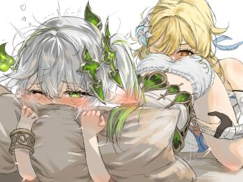 2girls bracelet face_in_crotch genshin_impact heart heart-shaped_pupils highres holding holding_pillow implied_cunnilingus jewelry loli lumine_(genshin_impact) multiple_girls nahida_(genshin_impact) pillow symbol-shaped_pupils torten