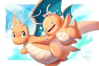 absurdres blue_sky blush claws closed_mouth cloud ditto dragon dragonite fang flying gen_1_pokemon hat highres hoishere7 horns nintendo no_humans open_mouth outdoors pokemon pokemon_(creature) pokemon_focus pokemon_pokopia single_horn skin_fang sky smile tail transformed_ditto wings