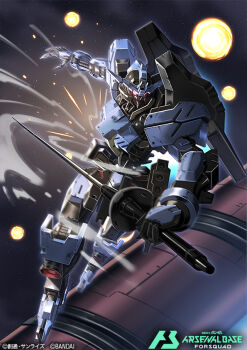 amasaki_yusuke english_text flying full_body glowing glowing_eyes gundam gundam_arsenal_base gundam_tekketsu_no_orphans gundam_vidar holding holding_polearm holding_weapon lance mecha mecha_focus no_humans official_art polearm robot space weapon
