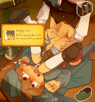 ... 2boys anal ass blush briefcase brown_hair clothed_sex cum cum_in_ass ejaculation english_text erection handsfree_ejaculation happy happy_sex hat heart kneehighs long_sleeves luke_triton lying male_focus male_penetrated missionary multiple_boys on_back open_mouth penis professor_layton sex shoes shota socks tears tnso uncensored yaoi