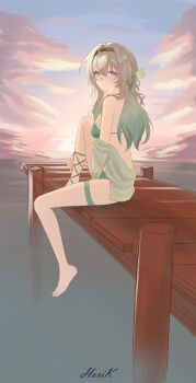 1girl absurdres ankle_lace-up aqua_bikini aqua_ribbon barefoot bikini black_hairband blue_pupils blush closed_mouth cloud cloudy_sky dock firefly_(honkai:_star_rail) grey_hair hair_between_eyes hair_intakes hair_ornament hair_ribbon hairband highres honkai:_star_rail honkai_(series) horik_22 long_hair multicolored_eyes ribbon sitting sky smile solo swimsuit thigh_strap twitter_username