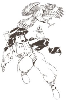 1girl ainu_clothes breasts fingerless_gloves gloves hair_ribbon highres leaning_forward leg_lift leg_up legs long_hair mamahaha monochrome nakoruru nipple_slip nipples no_bra pants ribbon samurai_spirits sketch small_breasts snk the_king_of_fighters thighs weapon