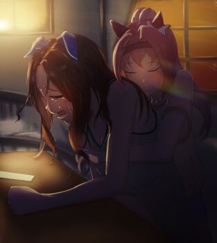 Rule 34 | 2girls, animal ears, brown hair, closed eyes, commentary request, crying, haru urara (bestest prize) (umamusume), haru urara (umamusume), highres, horse ears, horse girl, hug, hug from behind, indoors, jacket, king halo (umamusume), long hair, multiple girls, orusun, pink hair, ponytail, umamusume