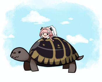 >:) 1boy animated animated_gif astolfo_(fate) braid cloud commentary english_commentary fang fate/apocrypha fate_(series) haunted_astolfo_bean_plush phoenixcat2497 skin_fang smile stuffed_toy tortoise turtle v-shaped_eyebrows walking