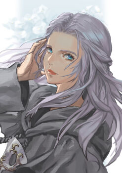 1girl blue_background blue_eyes etro_(3198680092) final_fantasy final_fantasy_xiv from_side grey_hair half_updo hand_up highres hood hood_down long_hair looking_at_another mask mask_around_neck solo sophist&#039;s_robe_(ff14) unworn_mask upper_body venat_(ff14)