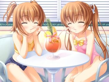 2girls between_thighs blue_eyes blush brown_hair camisole casual_one-piece_swimsuit chair cutoffs denim denim_shorts drink drinking_straw flat_chest game_cg hair_ribbon hajimete_no_otetsudai happy head_rest midriff multiple_girls nanami_to_konomi_no_oshiete_abc nishimura_konomi nishimura_nanami one-piece_swimsuit ribbon short_shorts short_twintails shorts siblings sin-go sisters sitting smile swimsuit table thighs twins twintails v_arms