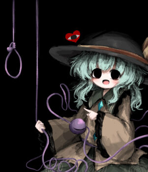 1girl black_background black_eyes black_hat commentary_request contrast_collar green_hair hair_between_eyes hat hat_ribbon heart heripantomorrow holding komeiji_koishi long_sleeves looking_at_viewer noose open_mouth ribbon shirt simple_background smile solo third_eye touhou wide_sleeves yellow_ribbon yellow_shirt