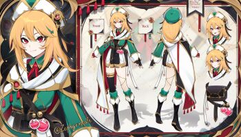 1girl absurdres artist_name asymmetrical_gloves bag black_boots black_gloves black_thighhighs blonde_hair boots character_request closed_mouth commission copyright_request gloves gold_trim green_hat hat highres long_hair long_sleeves mismatched_gloves multicolored_hat multiple_views open_mouth red_eyes red_gloves red_ribbon reference_sheet ribbon single_thighhigh smile thighhighs twitter_username whatjuz white_hat