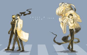 2boys 2girls black_hair black_pants celty_sturluson crosswalk cursed_spirit_(jujutsu_kaisen) durarara!! english_text full_body helmet highres jacket jujutsu_kaisen kishitani_shinra lab_coat monster motorcycle_helmet multiple_boys multiple_girls okkotsu_yuuta orimoto_rika pants sakananomiyako sharp_teeth short_hair teeth trait_connection walking white_jacket