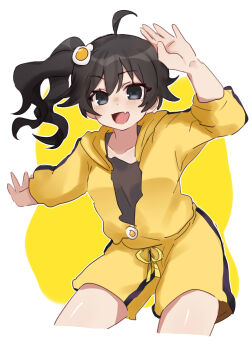 Rule 34 | 1girl, :d, absurdres, ahoge, araragi karen, black eyes, black hair, black shirt, blush, border, breasts, collarbone, commentary, cropped legs, drawstring, egg hair ornament, eyelashes, fang, food-themed hair ornament, fried egg, hair between eyes, hair ornament, hand up, highres, hood, hood down, hoodie, light blush, long hair, long sleeves, looking at viewer, medium breasts, monogatari (series), nisemonogatari, open clothes, open hoodie, open mouth, outline, outside border, outstretched arm, partially unzipped, shirt, shorts, side ponytail, single vertical stripe, skin fang, smile, solo, tsugumi (tgm 615486), undershirt, untranslatable commentary, white border, white outline, yellow background, yellow hoodie, yellow shorts