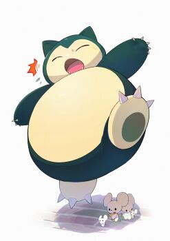 claws closed_eyes commentary full_body gen_1_pokemon highres jumping nintendo no_humans open_mouth outstretched_arms pokemon pokemon_(creature) scared simple_background snorlax spread_arms symbol-only_commentary tandemaus u_tei white_background