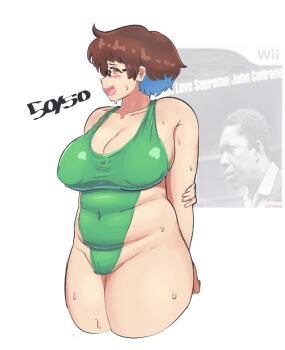 1girl arm_behind_back blue_hair blush breasts brown_hair cleavage covered_navel glasses green_one-piece_swimsuit highleg highleg_one-piece_swimsuit hitthat5050 holding_own_arm imari_youko large_breasts looking_to_the_side multicolored_hair one-piece_swimsuit open_mouth orange_eyes plump ruri_no_houseki short_hair solo standing sweat swimsuit thick_thighs thighs white_background