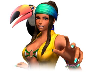 1girl breasts brown_eyes brown_hair dancer dark-skinned_female dark_skin earrings female_focus hairband hands_up jacket jewelry large_breasts long_hair looking_at_viewer ring smile smiley_face tan tanline the_king_of_fighters unzipped zarina