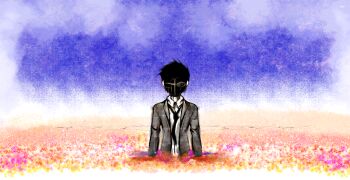 Rule 34 | 1boy, black hair, black mask, black necktie, black suit, blue sky, cloud, commentary, dithering, dress shirt, english commentary, field, flower, flower field, formal clothes, karbonicc, king of mercury (psychopomp), looking at viewer, male focus, mask, necktie, official art, one-eyed, outdoors, psychopomp (game), shirt, short hair, sky, solo, straight-on, suit, upper body, white shirt