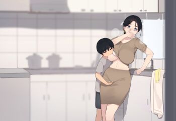 1boy 1girl age_difference akiyama_minato_(pepper0) akiyama_yuko_(pepper0) black_hair blue_eyes bra breast_sucking breasts fingering fingering_through_clothes grey_shirt hetero incest kitchen large_breasts mother_and_son one_eye_closed original pepper0 shirt short_hair shota standing through_clothes underwear white_bra