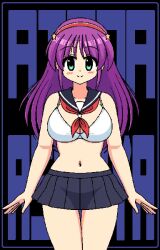 1girl animated areola_slip asamiya_athena bikini bouncing_breasts breasts censored censored_nipples curvy green_eyes heart heart_censor highres large_breasts legs lifting_own_clothes long_hair looking_at_viewer navel open_mouth pixel_art presenting purple_hair sailor_collar skirt smile snk solo standing swimsuit the_king_of_fighters thighs video white_bikini