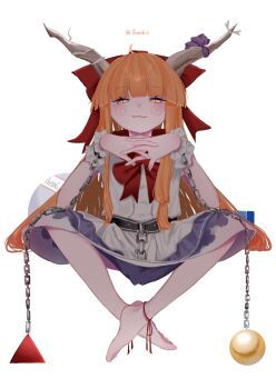 Rule 34 | 1girl, barefoot, blue skirt, blunt bangs, bow, chain, closed mouth, commentary, full body, gourd, highres, horn ornament, horn ribbon, horns, ibuki suika, ilvsn6 6, interlocked fingers, long hair, looking at viewer, oni, orange eyes, orange hair, own hands together, red bow, ribbon, shirt, sitting, skirt, sleeveless, sleeveless shirt, slit pupils, smile, solo, touhou, twitter username, two-tone skirt, white background, white shirt, white skirt, wrist cuffs